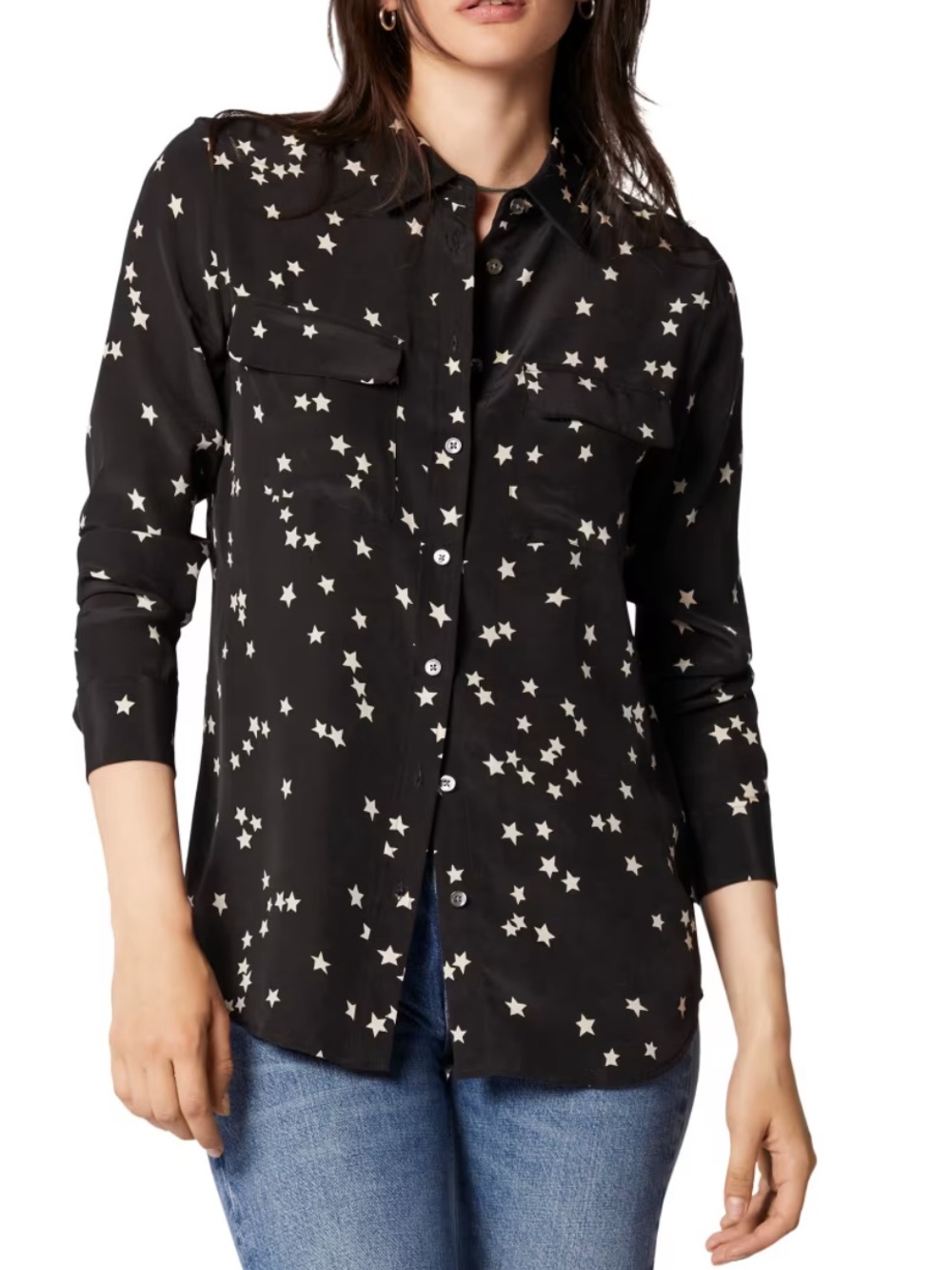 Equipment silk dark gray white star print collared button down blouse size small